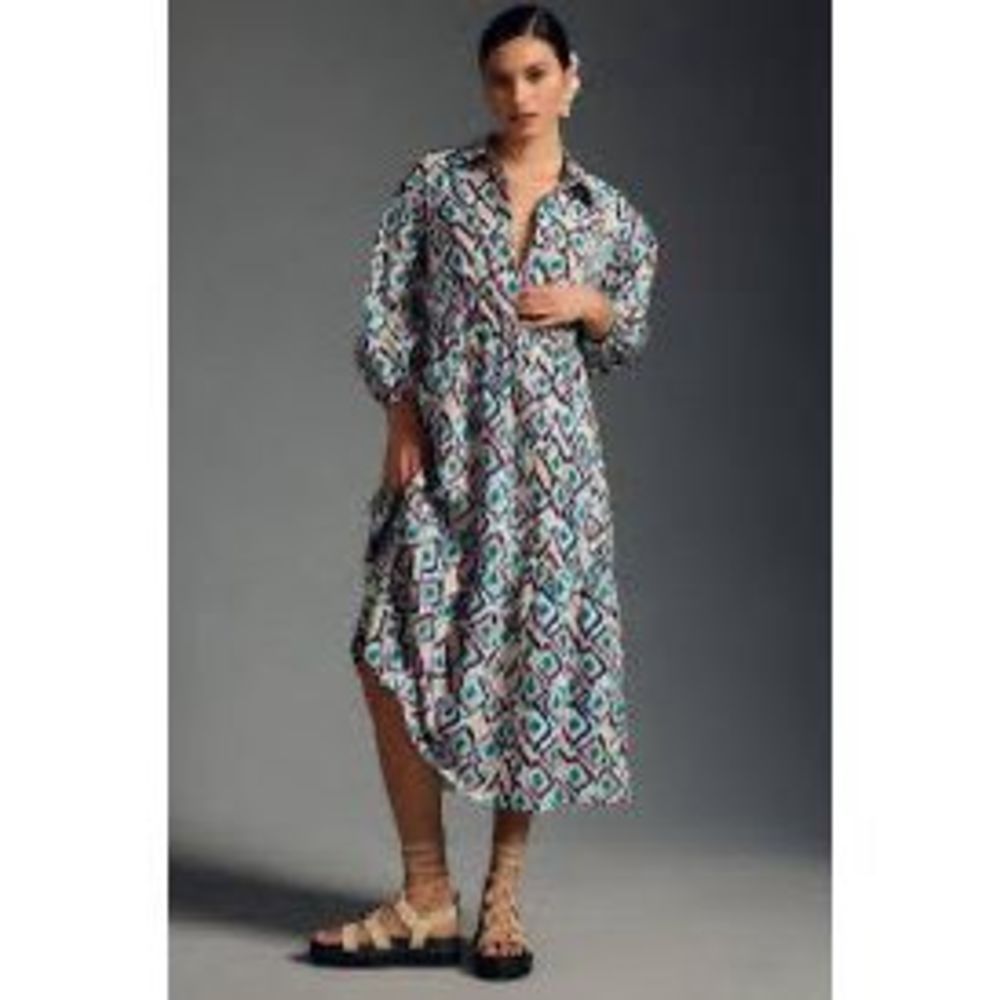 Anthropologie Geometric Print Maxi Dress in Teal, White, Black